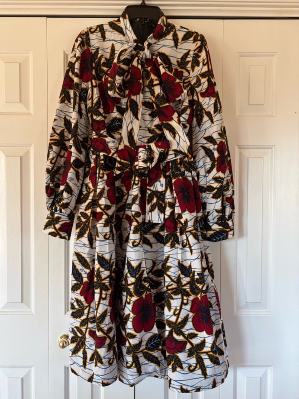 Floral/African Print Long Sleeve Dress by Ofuure. Side Pockets, back Zip. Size M